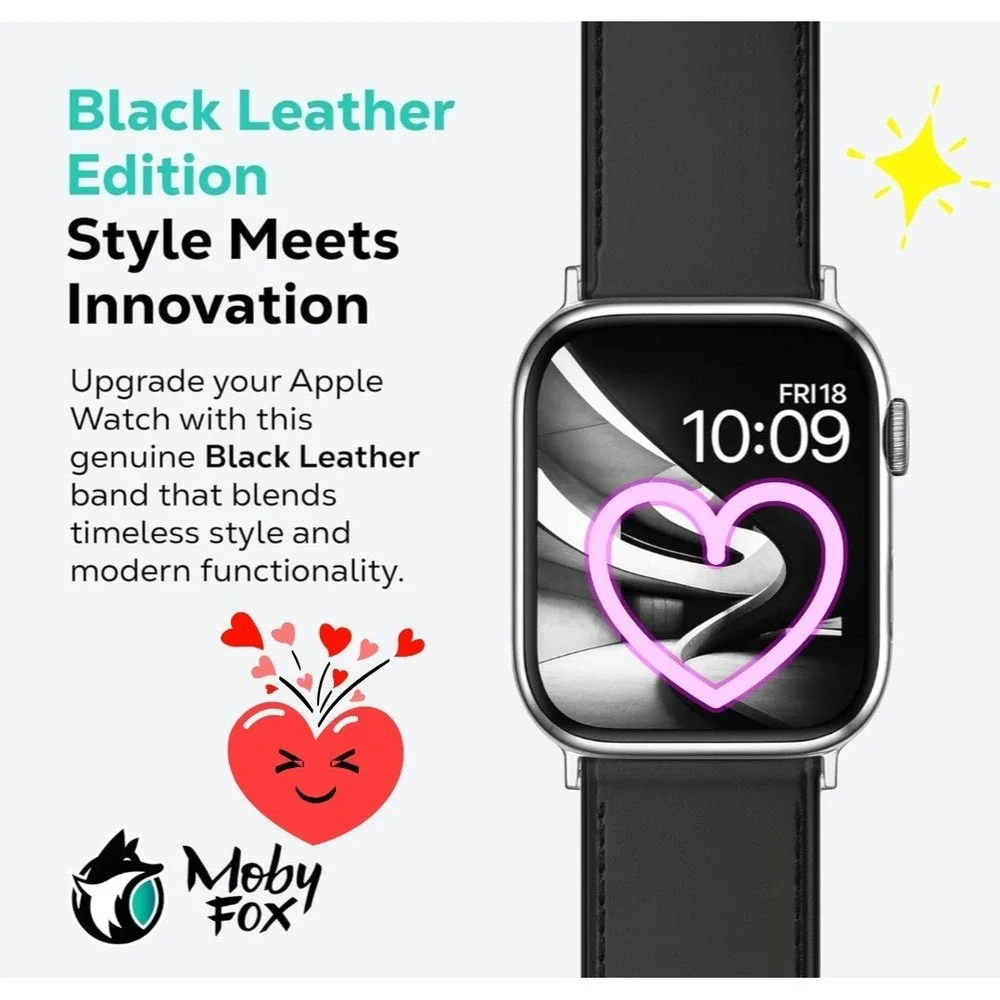 MobyFox Leather Apple Watch Band Black (1 Size Fits All Apple Watches) BRAND NEW